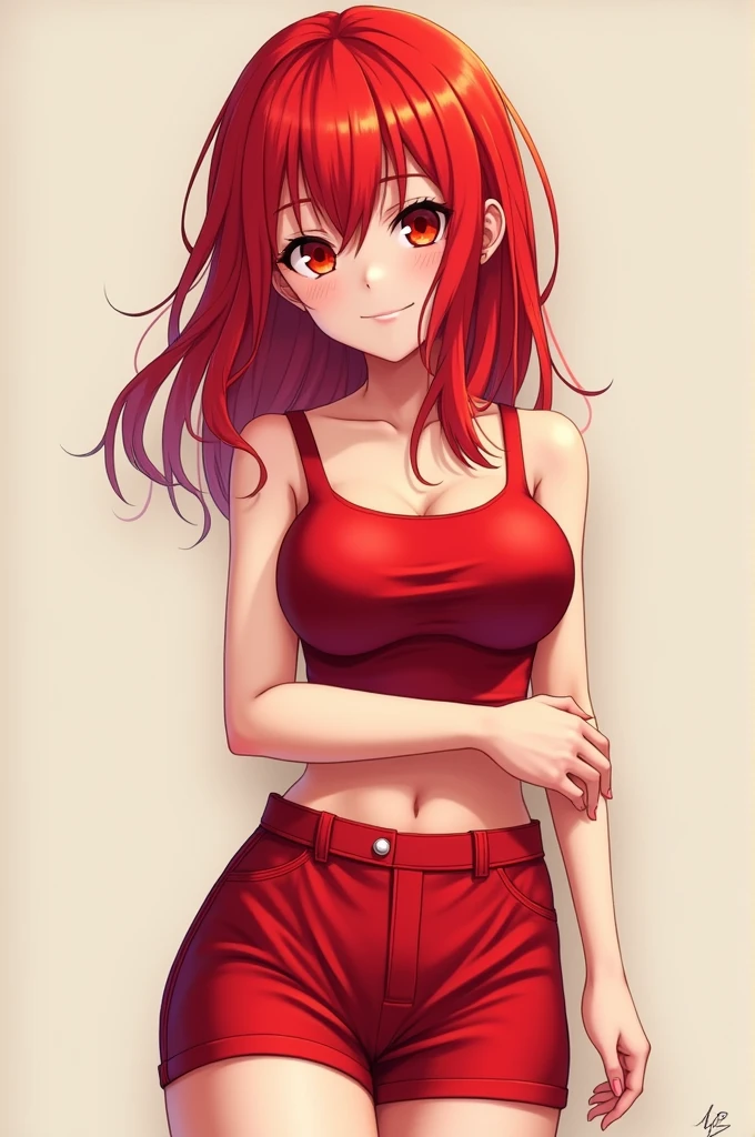 A anime girl with red hair and red eyes wearing a mini skirt that's red with a red tanktop