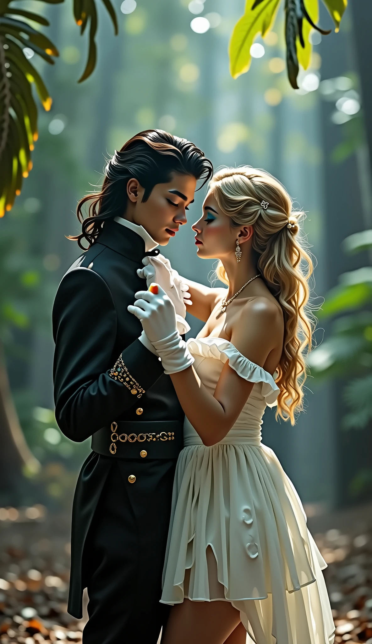 Realistlic photo of dancing couple vintage photo couple between man as Michael Jackson the American king of pop as 1995 era looking and wearing black outfit as France Sun king Louis XVI era outfit and in heaven acient forest that have large tropical trees as backround is dancing couple with White European Estonian young adult 2 and 167 cm girl kärt with wearing dyed dull blonde very long wavy hair , have arched brown natural eyebrows , have square shaped face , have low cheekbones , have oily skin , have narrow upper lips , have lighted earth blue eyes and is wearing mermaid makeup with blue smokey eyeshadow and pink lipgloss in lips and is wearing White Moon minidress and white gloves