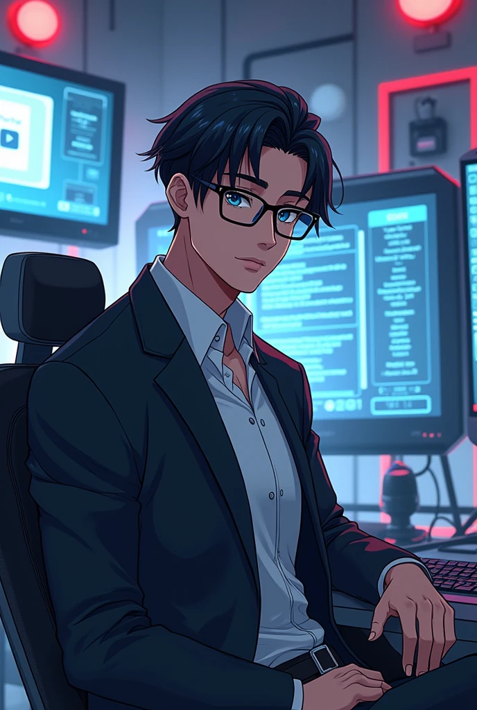 Smart Intellectual handsome anime 
guy with glasses sitting in his advance YouTube studio