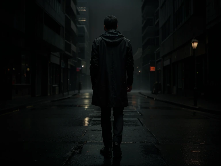 a person standing at a crossroads in a dimly lit city, towering buildings, foggy path ahead, uncertainty, life-changing decisions, cinematic, dramatic lighting, muted colors, realistic, photorealistic, 8k, best quality, highly detailed, chiaroscuro lighting, moody atmosphere, sense of isolation, introspective mood, cinematic framing, depth of field, dramatic shadows, realistic textures, fine details