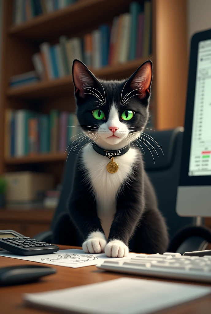 Un chat tuxedo aux yeux verts avec un collier où il est écrit Tybalt. En train de faire des calculs dans un bureau. En version réaliste.