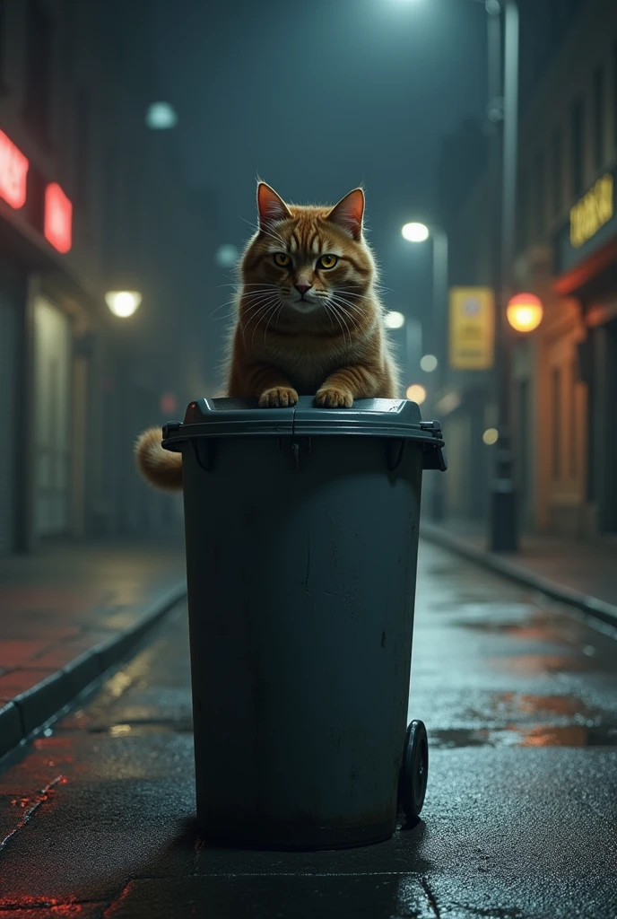  smalll little anger brown cat closed the lid of the grey Dustbin on road in the night AI image 