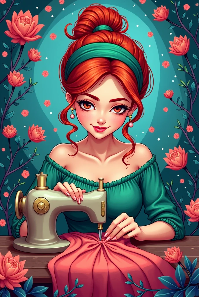 Logo d'une femme aux cheveux rouge avec un bandeau couleur vert émeraude , elle coud dans un univers coloré et féerique 
