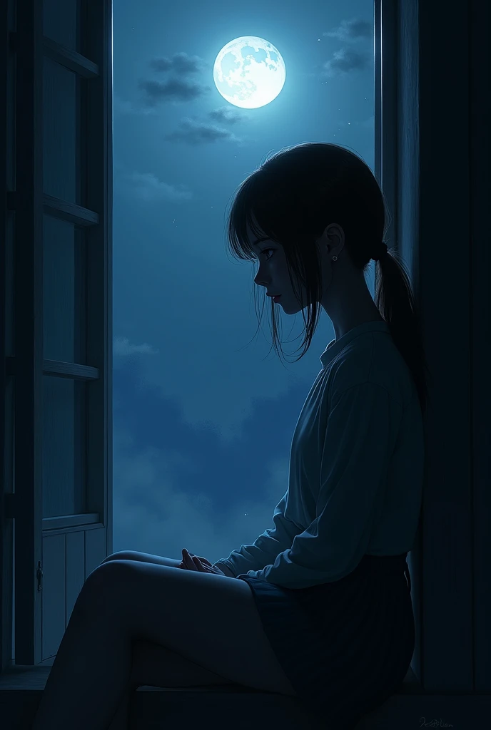 Gurl sitting alone beside window in dark moonlight
