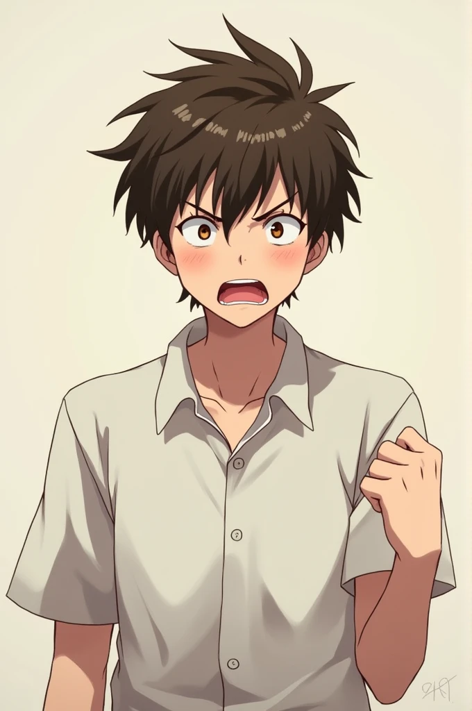 Anime male wearing white shirt with brown hair is upset
