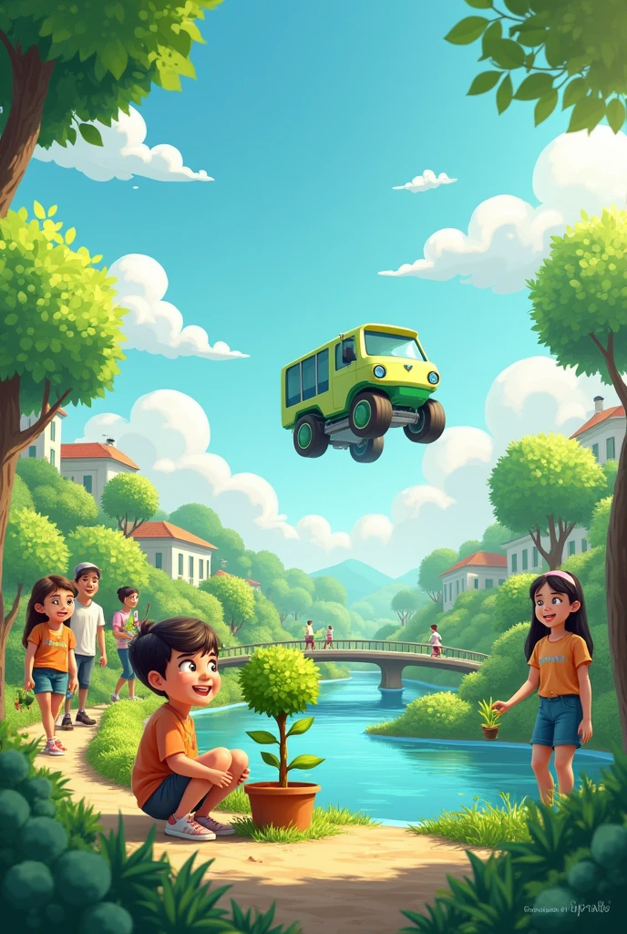 Make a landscape art on the topic " future we want clean and green" make it like one child have make . Add people planting plants house's. One flying futurestic car cleaning the road and River