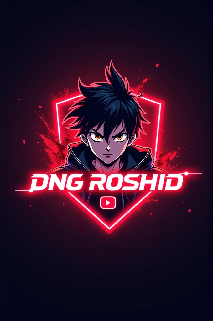 Prompts-this is a gaming logo that features  tha name DNG Roshid in a futuristic font and a neon red color. And boy anime avtar, the logo also has a stylized controller icon and a You Tube 