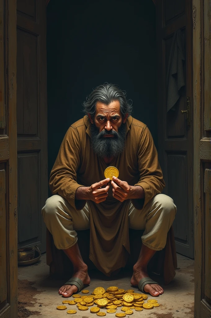 Anxiety with the Treasure: Show Ramlaal sitting inside his modest home, holding a gold coin, but with a worried expression on his face. The pot of gold is hidden in a corner of the room. The scene should capture the tension and unease, with dim lighting to emphasize his inner turmoil.