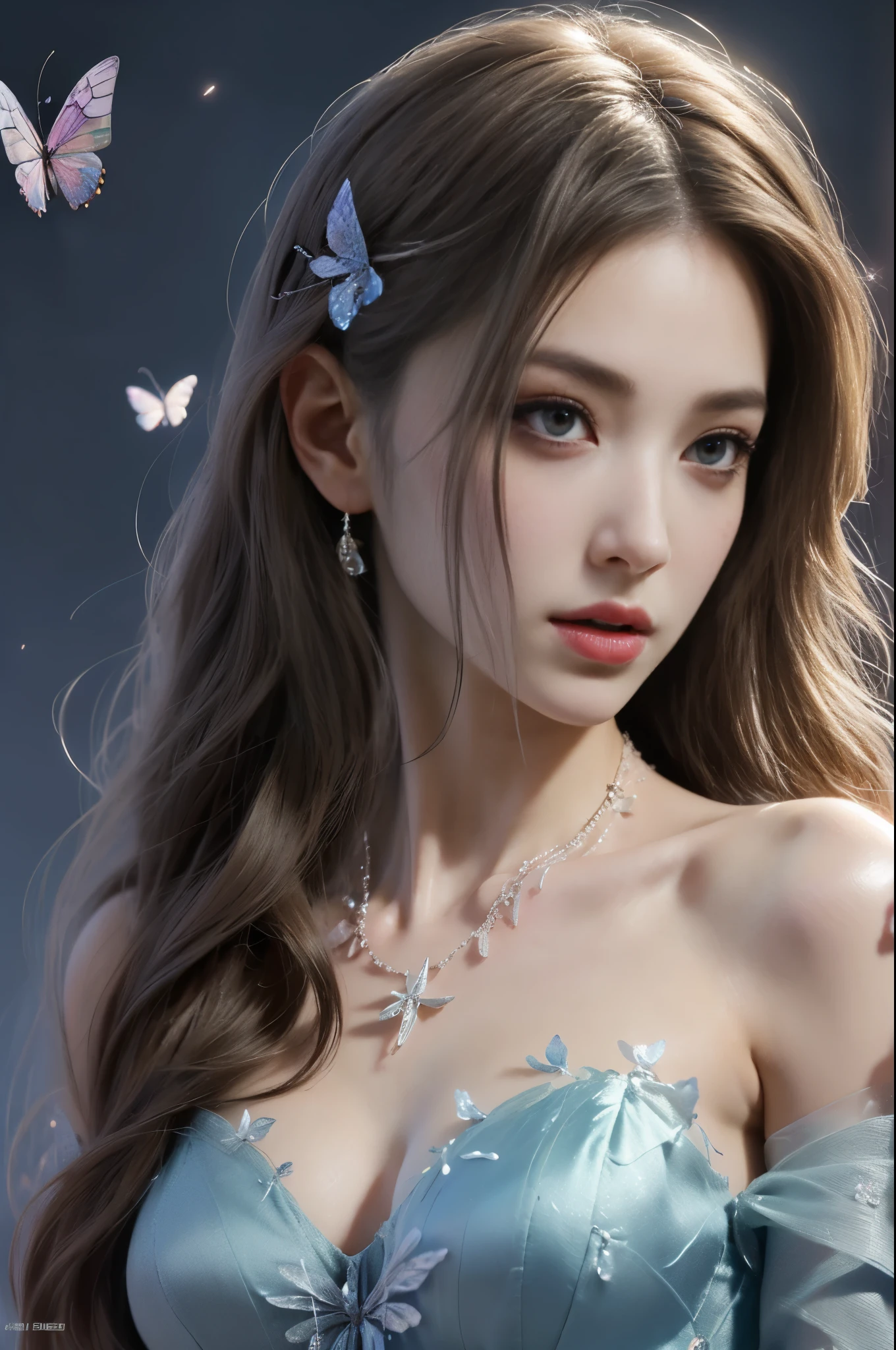 Beautiful dance pose, She gently lifted her skirt with one hand,头发周围有白色的Butterfly兰,Lilac dendrobium、White Lily, Long legs , Deep in Wonderland, ((Flowing long hair))Official Art , Unity8k Wallpaper , Extremely detailed , Visible cleavage, Pretty and beautiful , 性感Long legs, masterpiece , best quality ,Practical, Very detailed illustrations ,Extremely detailed , Intricate details , Extremely complex and detailed , Very detailed 8KCG wallpaper , Caustics .reflection , Ray Tracing , Devil theme ,nebula ,Dark aura, Network Effects , (1 girl)solitary , 小蓝Butterfly , (Blue plasma flame , (insect , Butterfly)) Pastel tones in Rococo style ,Light white and light dark red , Incredibly beautiful , Cherry blossoms , Surrealism ,painting , Ethereal , Mixing reality and fantasy elements ,Ray Tracing , Complex Mode , Exquisite lines , Perfect your hands, Starry Sky , Colorful , Star