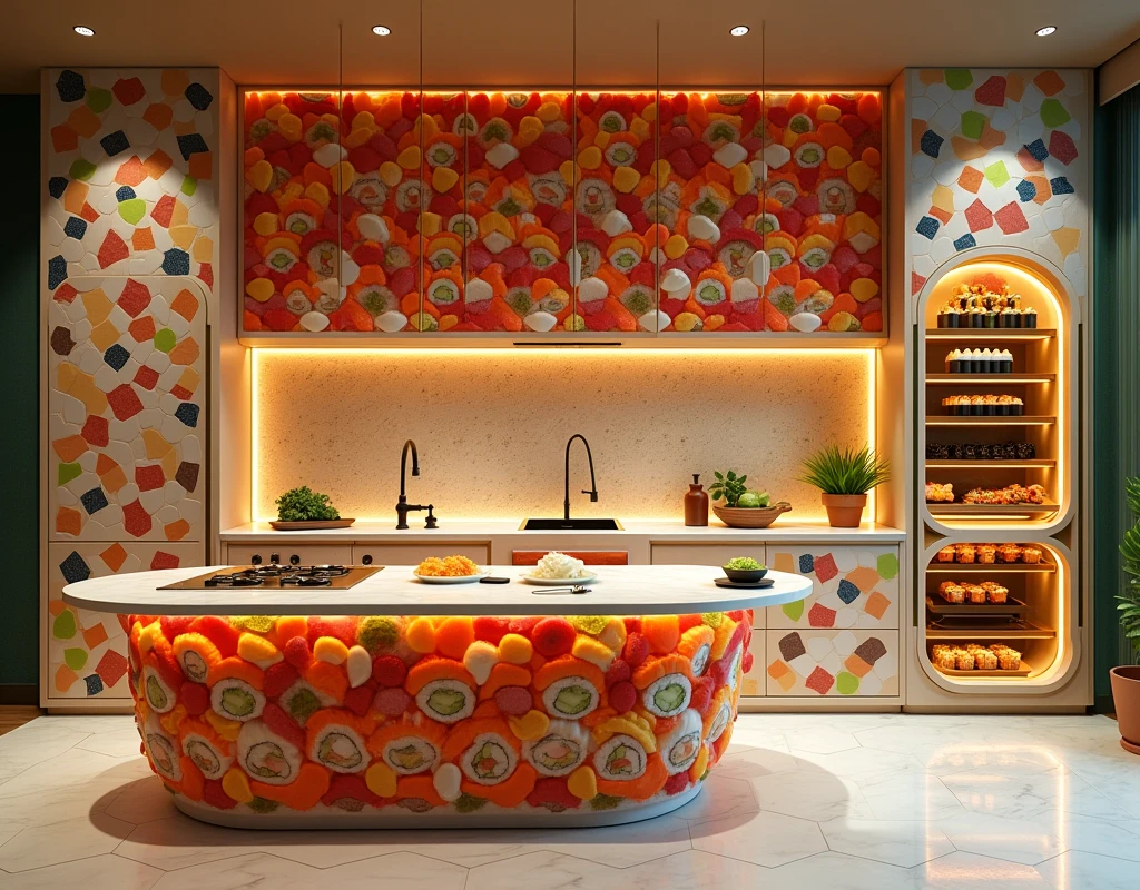 "Design an ultra-modern kitchen where every element is ingeniously crafted from sushi. The walls are constructed from meticulously stacked sushi rolls, each roll showcasing vibrant cross-sections of ingredients like tuna, salmon, and avocado, creating a colorful mosaic that wraps around the entire space. The countertops are made from long slabs of pressed rice, their surfaces smooth and polished to a glossy finish, resembling sleek marble.
The kitchen island, the centerpiece of the room, is built from a large block of tamago (sweet omelette) sushi, with a top layer of rice carefully shaped and polished to resemble a seamless countertop. Cabinets and drawers are crafted from sturdy tempura rolls, their crispy exteriors providing a textural contrast, with handles made from intricately twisted strands of nori (seaweed). Inside, shelves are lined with delicate slices of sashimi and nori sheets, storing utensils made from chopsticks and other sushi-inspired items.
The sink is a large bowl made from a carved-out nigiri, with the faucet designed as a flowing stream of soy sauce. Above, the stovetop is composed of circular sushi pieces arranged in a grid, with burners made from slightly charred, crispy rice, and knobs resembling tiny wasabi orbs. The oven door is fashioned from a thick layer of translucent rice paper, giving a view into an interior lit by glowing ginger slices, where 'baking' sushi dishes are displayed.
The refrigerator is designed as a towering stack of sushi rolls, its door a massive piece of sashimi that opens to reveal shelves of delicate sushi trays. The flooring is a smooth, reflective surface resembling a vast plate of soy sauce, with paths marked by thin strips of pickled ginger, guiding movement through the kitchen.
Above the island, a sushi-themed chandelier hangs, made from interlocking rings of sashimi and glowing orbs of rice, casting a soft, warm light across the space. The backsplash behind the stovetop features a dynamic, flowing design