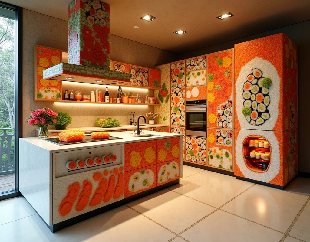 "Design an ultra-modern kitchen where every element is ingeniously crafted from sushi. The walls are constructed from meticulously stacked sushi rolls, each roll showcasing vibrant cross-sections of ingredients like tuna, salmon, and avocado, creating a colorful mosaic that wraps around the entire space. The countertops are made from long slabs of pressed rice, their surfaces smooth and polished to a glossy finish, resembling sleek marble.
The kitchen island, the centerpiece of the room, is built from a large block of tamago (sweet omelette) sushi, with a top layer of rice carefully shaped and polished to resemble a seamless countertop. Cabinets and drawers are crafted from sturdy tempura rolls, their crispy exteriors providing a textural contrast, with handles made from intricately twisted strands of nori (seaweed). Inside, shelves are lined with delicate slices of sashimi and nori sheets, storing utensils made from chopsticks and other sushi-inspired items.
The sink is a large bowl made from a carved-out nigiri, with the faucet designed as a flowing stream of soy sauce. Above, the stovetop is composed of circular sushi pieces arranged in a grid, with burners made from slightly charred, crispy rice, and knobs resembling tiny wasabi orbs. The oven door is fashioned from a thick layer of translucent rice paper, giving a view into an interior lit by glowing ginger slices, where 'baking' sushi dishes are displayed.
The refrigerator is designed as a towering stack of sushi rolls, its door a massive piece of sashimi that opens to reveal shelves of delicate sushi trays. The flooring is a smooth, reflective surface resembling a vast plate of soy sauce, with paths marked by thin strips of pickled ginger, guiding movement through the kitchen.
Above the island, a sushi-themed chandelier hangs, made from interlocking rings of sashimi and glowing orbs of rice, casting a soft, warm light across the space. The backsplash behind the stovetop features a dynamic, flowing design