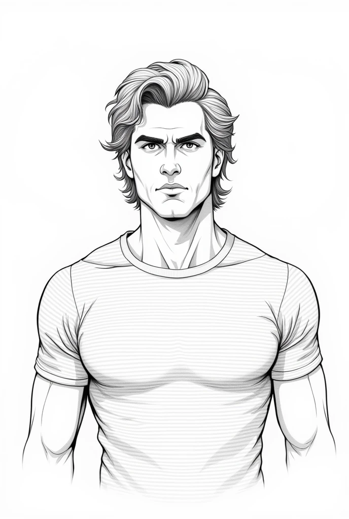 Create a detailed 2D outline of a man with a rugged yet handsome appearance, featuring medium-length wavy hair that falls just past his shoulders. His face has strong, chiseled features with a well-defined jawline, thick eyebrows, and intense eyes that convey determination. He wears a striped t-shirt that fits snugly on his muscular frame. The background is minimal, focusing solely on the man's front profile with his head slightly tilted, revealing the natural texture of his hair and facial hair