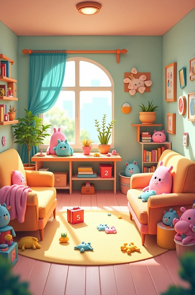 Cartoon Colorful playroom with soft colors and bright accents, creating an atmosphere of fun and comfort.