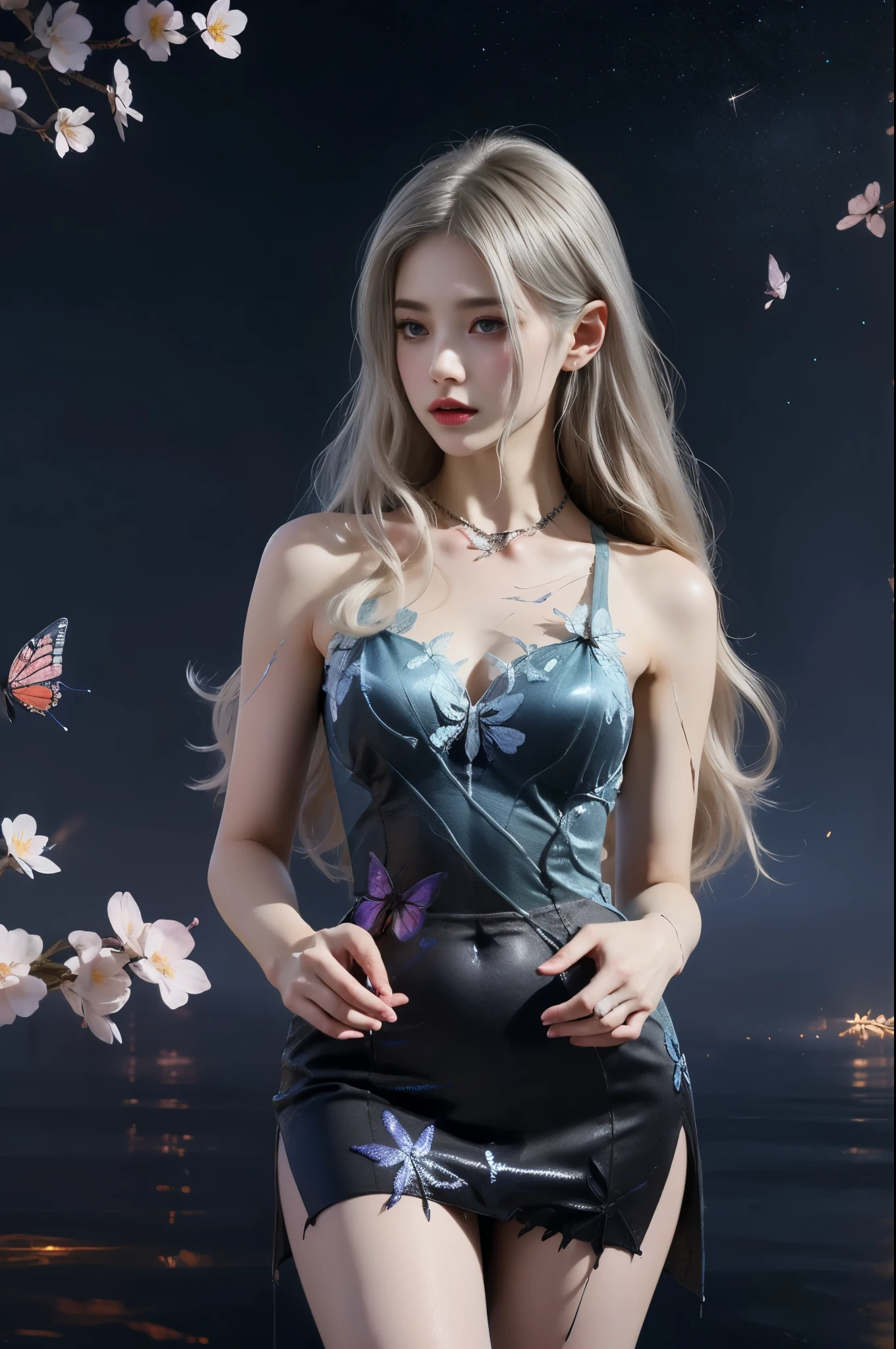 Beautiful dance pose, She gently lifted her skirt with one hand,头发周围有白色的Butterfly兰，Lilac dendrobium、White Lily, Long legs , Deep in Wonderland, ((Flowing long hair))Official Art , Unity8k Wallpaper , Extremely detailed , Visible cleavage, Pretty and beautiful , 性感Long legs, masterpiece , best quality ,Practical, Very detailed illustrations ,Extremely detailed , Intricate details , Extremely complex and detailed , Very detailed 8KCG wallpaper , Caustics .reflection , Ray Tracing , Devil theme ,nebula ,Dark aura, Network Effects , (1 girl)solitary , 小蓝Butterfly , (Blue plasma flame , (insect , Butterfly)) Pastel tones in Rococo style ,Light white and light dark red , Incredibly beautiful , Cherry blossoms , Surrealism ,painting , Ethereal , Mixing reality and fantasy elements ,Ray Tracing , Complex Mode , Exquisite lines , Perfect your hands, Starry Sky , Colorful , Star