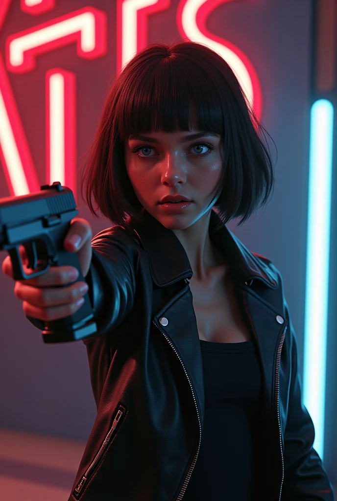 Captured from a high-angle, eye-level perspective, a medium-sized girl, dressed in a black leather jacket, holds a blaster handgun in her right hand. Her left hand is raised in the air, while her right arm rests on her hip. Her right arm is draped over her shoulder, adding a pop of color to the scene. The girl's hair is a dark brown, with bangs, and she's looking off to the side. Her eyes are a piercing blue, and her lips are a lighter shade of brown. Her hair is styled in a bob, with a slight smile on her face. The backdrop is blurred in the background there is 3D text that reads "Star Wars Outlaws" in the background at the top of the picture, creating a stark contrast to the girl. Star Wars Movie Style Science Fiction, Futurism, retina, masterpiece, accurate, anatomically correct, textured skin, super detail, best quality, award winning, highres, 4K, 8k, 16k
