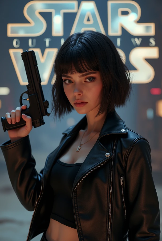 Captured from a high-angle, eye-level perspective, a medium-sized girl, dressed in a black leather jacket, holds a blaster handgun in her right hand. Her left hand is raised in the air, while her right arm rests on her hip. Her right arm is draped over her shoulder, adding a pop of color to the scene. The girl's hair is a dark brown, with bangs, and she's looking off to the side. Her eyes are a piercing blue, and her lips are a lighter shade of brown. Her hair is styled in a bob, with a slight smile on her face. The backdrop is blurred in the background there is 3D text that reads "Star Wars Outlaws" in the background at the top of the picture, creating a stark contrast to the girl. Star Wars Movie Style Science Fiction, Futurism, retina, masterpiece, accurate, anatomically correct, textured skin, super detail, best quality, award winning, highres, 4K, 8k, 16k