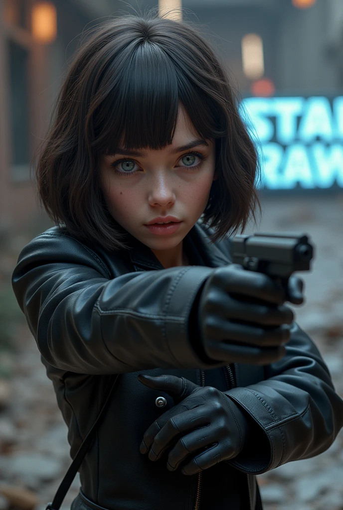 Captured from a high-angle, eye-level perspective, a medium-sized girl, dressed in a black leather jacket, holds a blaster handgun in her right hand. Her left hand is raised in the air, while her right arm rests on her hip. Her right arm is draped over her shoulder, adding a pop of color to the scene. The girl's hair is a dark brown, with bangs, and she's looking off to the side. Her eyes are a piercing blue, and her lips are a lighter shade of brown. Her hair is styled in a bob, with a slight smile on her face. The backdrop is blurred in the background there is 3D text that reads "Star Wars Outlaws" in the background at the top of the picture, creating a stark contrast to the girl. Star Wars Movie Style Science Fiction, Futurism, retina, masterpiece, accurate, anatomically correct, textured skin, super detail, best quality, award winning, highres, 4K, 8k, 16k