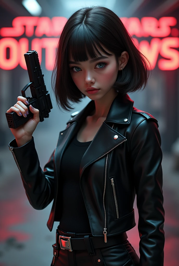 Captured from a high-angle, eye-level perspective, a medium-sized girl, dressed in a black leather jacket, holds a blaster handgun in her right hand. Her left hand is raised in the air, while her right arm rests on her hip. Her right arm is draped over her shoulder, adding a pop of color to the scene. The girl's hair is a dark brown, with bangs, and she's looking off to the side. Her eyes are a piercing blue, and her lips are a lighter shade of brown. Her hair is styled in a bob, with a slight smile on her face. The backdrop is blurred in the background there is 3D text that reads "Star Wars Outlaws" in the background at the top of the picture, creating a stark contrast to the girl. Star Wars Movie Style Science Fiction, Futurism, retina, masterpiece, accurate, anatomically correct, textured skin, super detail, best quality, award winning, highres, 4K, 8k, 16k