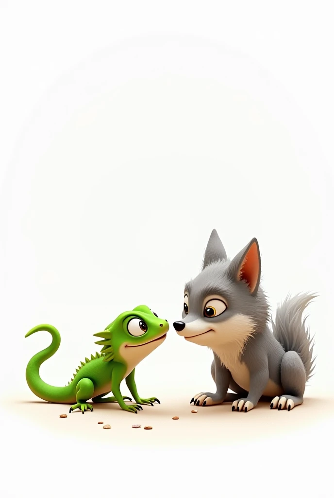 A lizard and a wolf giving a little punch , 4k hd , white background , with him with expressions, that they are cute , the lizard is green , the half-cool wolf