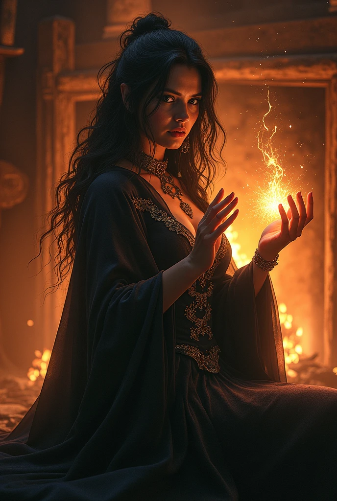dark women witch in fire place
