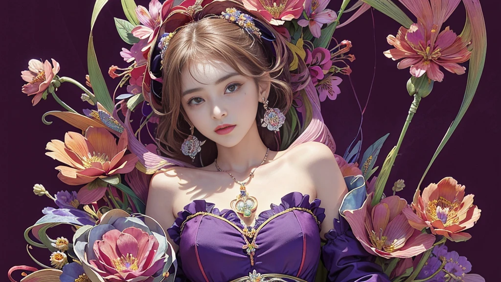 32K, 最高quality, 最高masterpiece, ((1 personの少女)), (masterpiece, 最高quality, 最高quality, Official Art, Beautiful and aesthetic: 1.2), High resolution, Super detailed, Very detailedな, 1 personの, (bouquet:1.3), (1 Flower), Upper body, Very detailedな, (Fractal Art: 1.3), colorful, Most detailed, (Earrings Flower:1.5), Purple-red pale background, It's imaginative., (Tangled:1.2), (Geometric:1.2),(colorful),(masterpiece, quality, best quality, Official Art, Beautiful and beautiful:1.2), (1 person:1.3), Very detailed,(colorful:1.1)(Flowers:1.3),Most detailed,(Tangled:1.2), whole body, (Abstract background:1.3), (Skin glows), (Many colors:1.4),