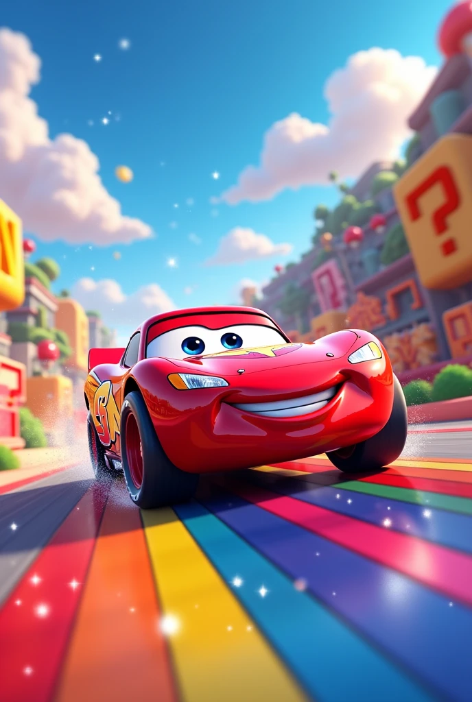 Un vibrant Lightning McQueen roulant sur une route arc-en-ciel, avec des effets spéciaux dynamiques comme des étoiles scintillantes et des éclats de lumière. Le décor est inspiré de l'univers de Mario, avec des éléments comme des blocs de question et des nuages souriants dans le ciel. L'ambiance est joyeuse et colorée, avec des détails cartoon pour un rendu ludique