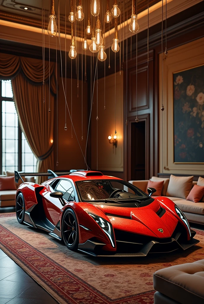 A Lamborghini Veneno hanging by cables like a lamp in the middle of a living room
