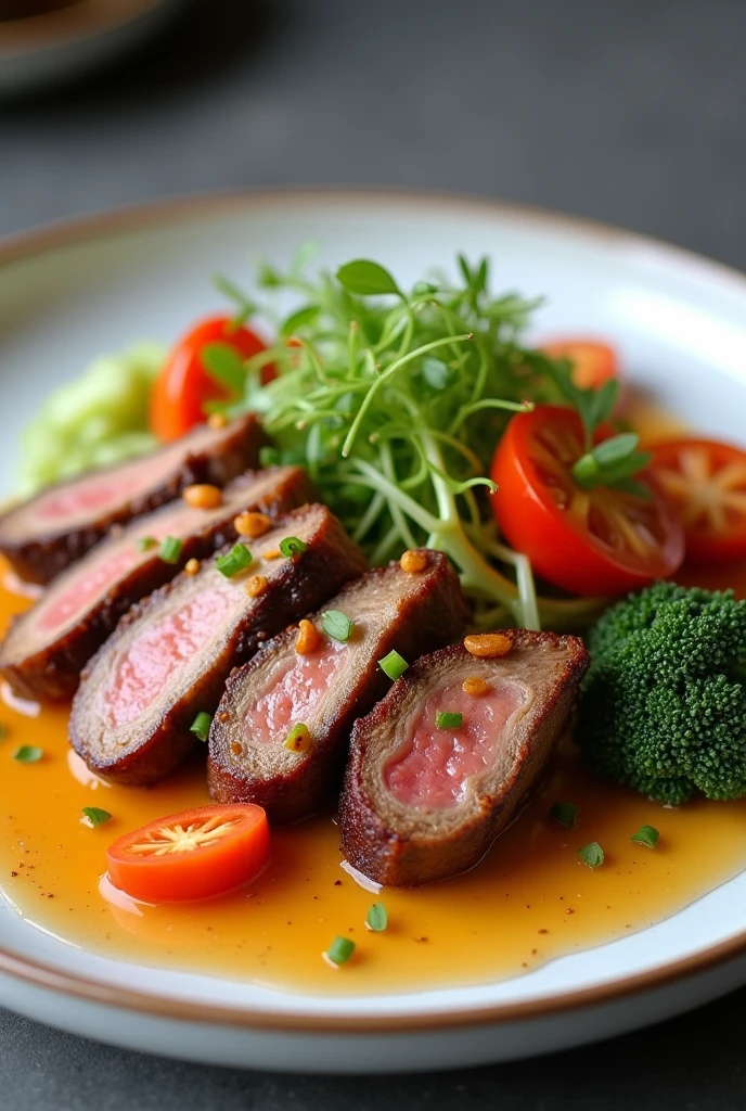 (photorealisme: 1.2), assiette d'un restaurant, photo instagram, legumes et viande, repas appettissant, realiste