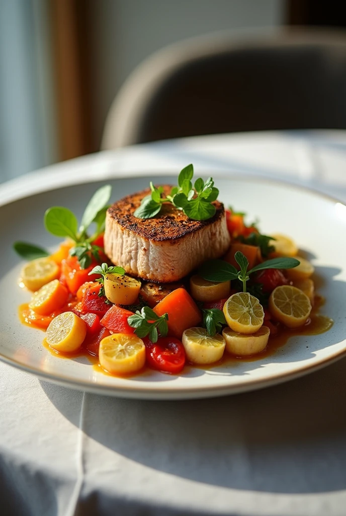 (photorealisme: 1.2), iette d'un restaurant, photo instagram, legumes et viande, repas appettissant, realiste