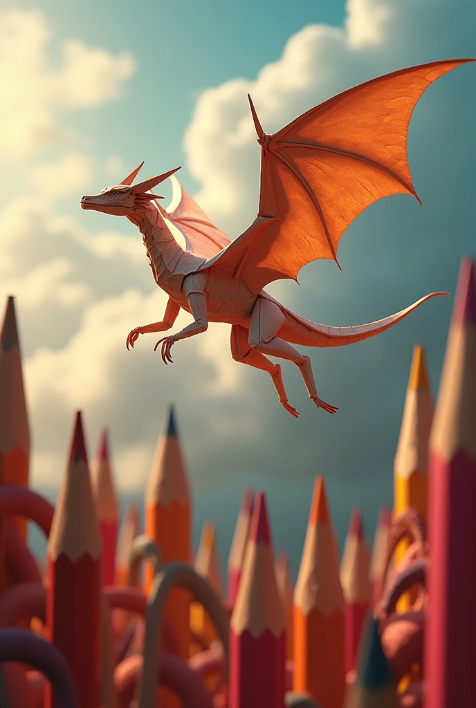 [Subject: Hyper-realistic 4K photo of an origami dragon flying over a forest of giant colored pencils with wool-like clouds in the sky.]

Description: A majestic origami dragon with intricate folds, soaring over a forest of giant colored pencils resembling redwoods. The dragon’s paper surface reflects light, while the pencils, worn and vibrant, stand tall. The sky above is filled with soft, wool-like clouds, adding a whimsical touch. The scene is bathed in warm light with gentle shadows.

Camera: Aerial shot, capturing the dragon in flight and the forest below in high detail.

Style: Surrealism, fantasy realism, photorealism in 4K resolution.
