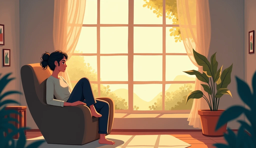 Background: A calm and serene setting, such as a quiet room with soft, warm lighting, a comfortable chair, and a window showing a gentle view of nature outside. The environment feels peaceful and inviting, suggesting a moment of reflection.
Style: Illustrative with warm, soothing colors and soft lighting, creating a contrast to the earlier scenes of hustle and chaos. The atmosphere conveys calmness and the importance of self-care.
Characters:
Main Character: Sitting in the chair, looking out the window with a contemplative expression. They are dressed casually, appearing more relaxed and at ease. Their posture is open, and their face shows a sense of peace as they take a moment to reflect on their needs