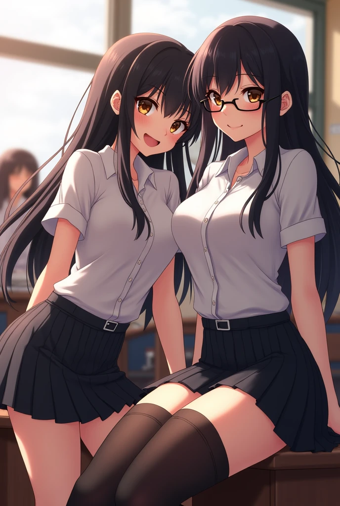 best quality, detailed), 2girl,, in classroom, sexy body, squinting, topaz, white shirt, black stockings, short black skirt, (horny face, ahegao face) glasses, Sitting in the desk,ANIME ART,Medium breasts ,Short haired,the one girl is long hair with seductive smile