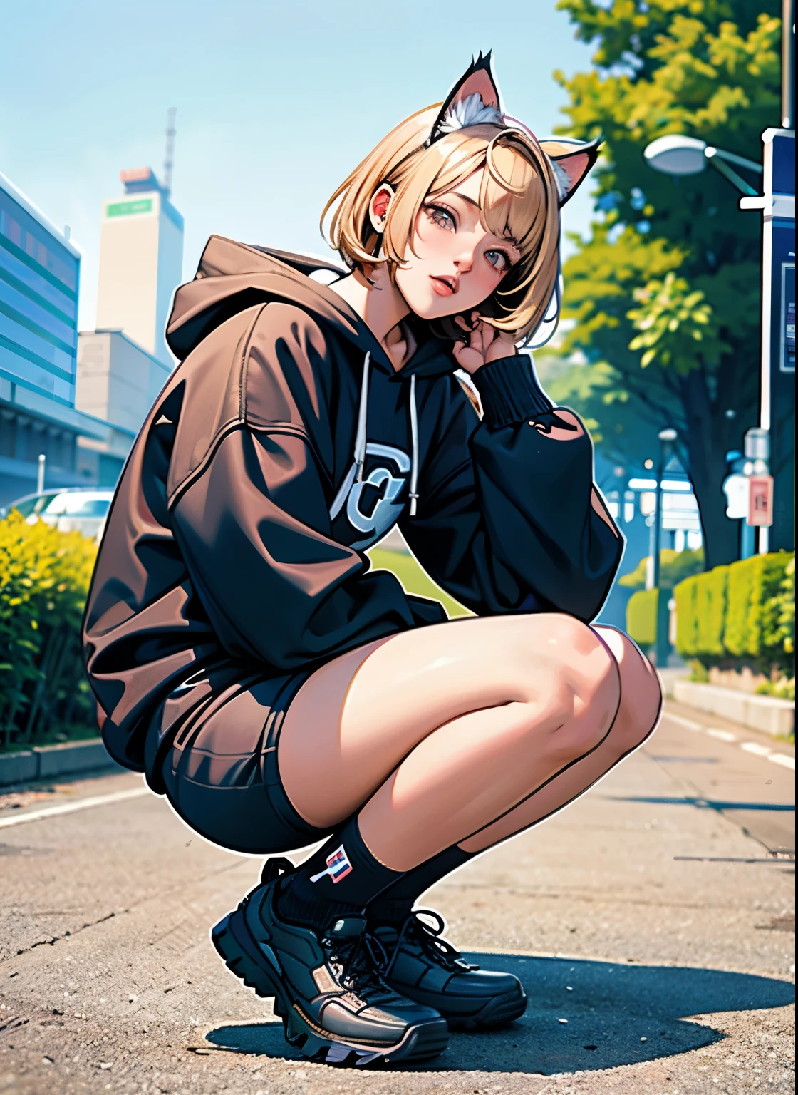 18 YEAERS OLD, 168 cm height, young girl, FULL BODY, (masterpiece), (highest quality), (illustration), (super detailed), (high resolution), absurdity, one girl, short hair, hair clip, (oversized hoodie with cat ears), black hooduie, wearing a hoodie hat, moe sleeves, blush, wears sport shorts, (blonde), very cute girl, small, young, delicate, Outdoors, attention to girls