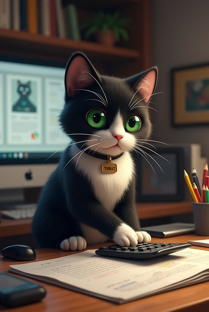 Un chat tuxedo aux yeux verts avec un collier où il est écrit Tybalt. En train de faire des calculs dans un bureau. En version réaliste.