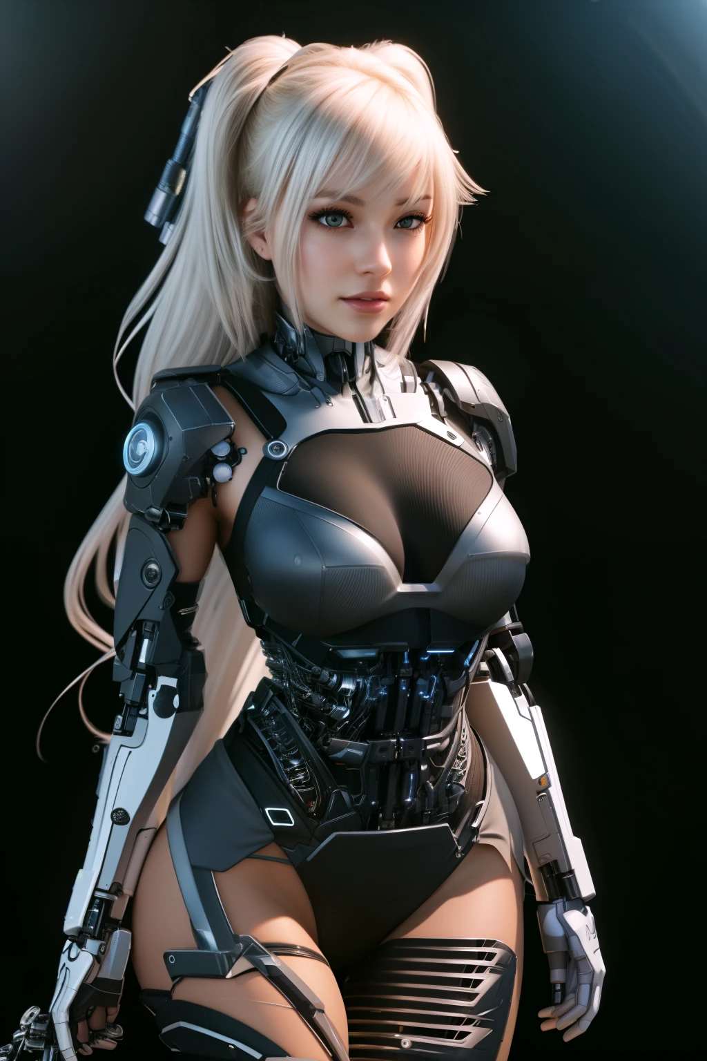 A close-up of a woman in a futuristic suit with a gun, cute chica cyborg, 3D 8k rendering character art, cyborg - girl with silver hair, girl with mecha cybernetic armor, perfect anime cyborg woman, perfect android girl, biomechanical oppai, beautiful cyborg girl, chica cyborg, science fiction character, female cyberpunk anime girl