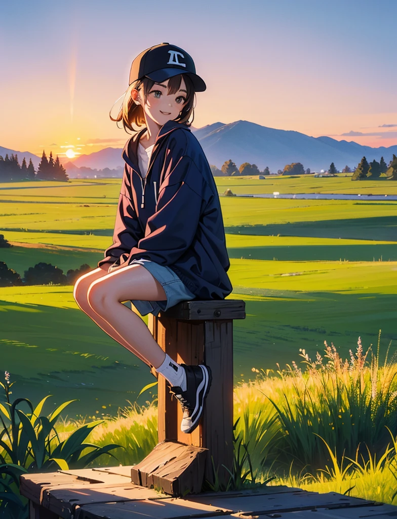 A happy ，Dressed in casual attire，With a baseball cap，Sit on the rocks of the meadow，The background is the village，Sunset and sunset，Face the camera，Full body photo，Ultra-high definition