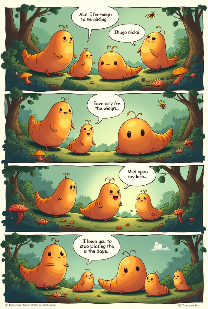 Create long comic strip Larva themed, include text bubbles