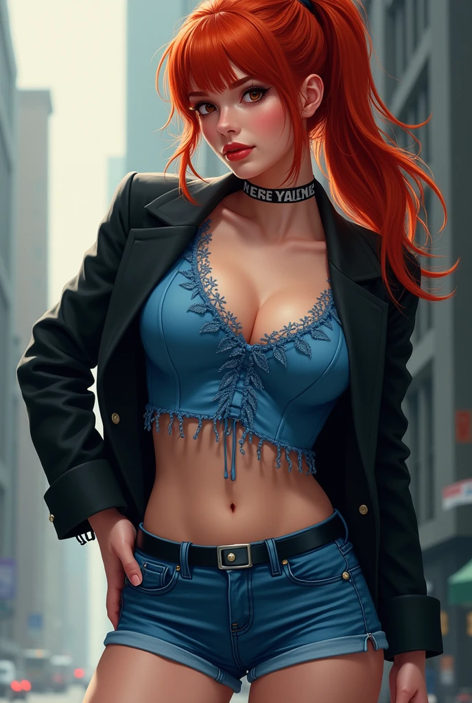 young woman, slightly plump, wears an open jeans jacket, bare breasts, open hot pants (very short), black curls with a red streak, a dragon pendant, stands in an enchanted garden