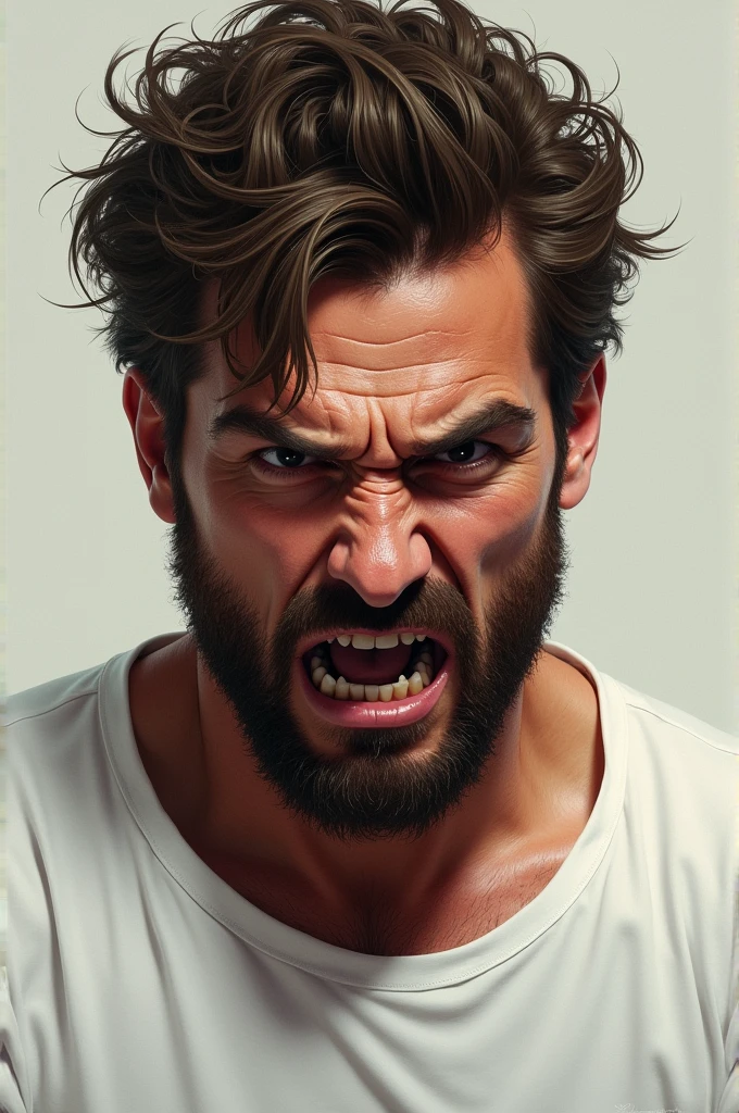Art of a man with brown hair and black eyes wearing a white shirt who is very angry