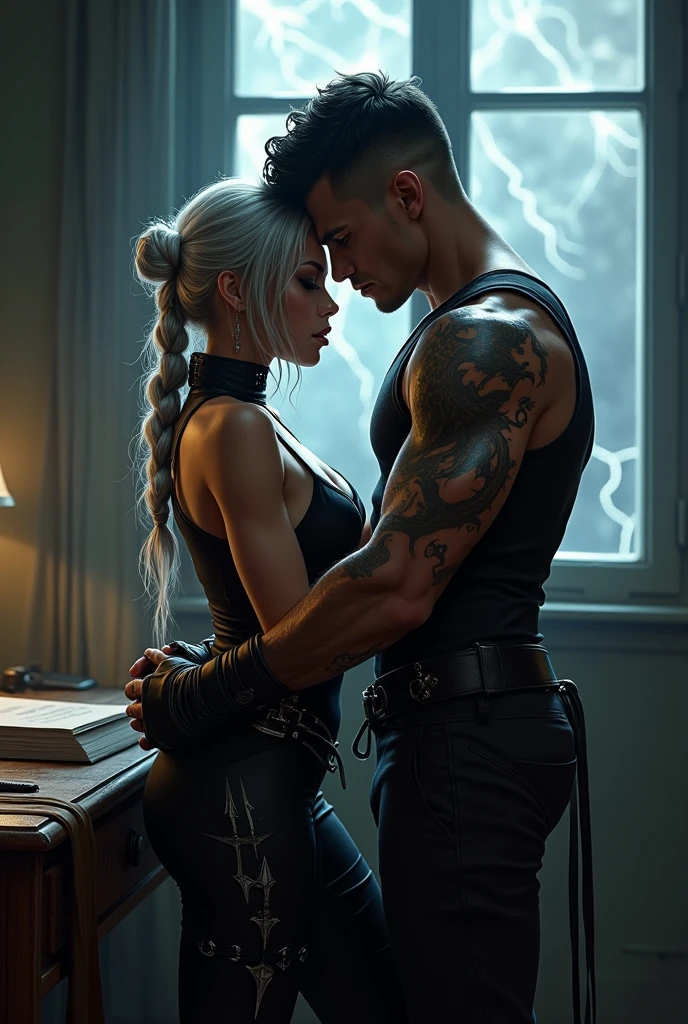 Create an image of a couple kissing at the desk, She has silver hair and an all-black fighting outfit with daggers on her body, he is strong and has a scar on his eye, tattoo of cuts all over his arm and a dragon tattoo covering his back, black clothes and thunder falls in the window. They are in a room. Hair cpm braids. He has black hair and shadows come out from behind him.. He looks like the actor from divergent.he has short hair. she is short
