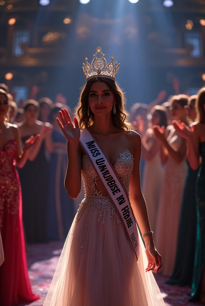 Miss Universe wear crown full tears adn wave her hands to audience at her last walk at Miss Universe stage