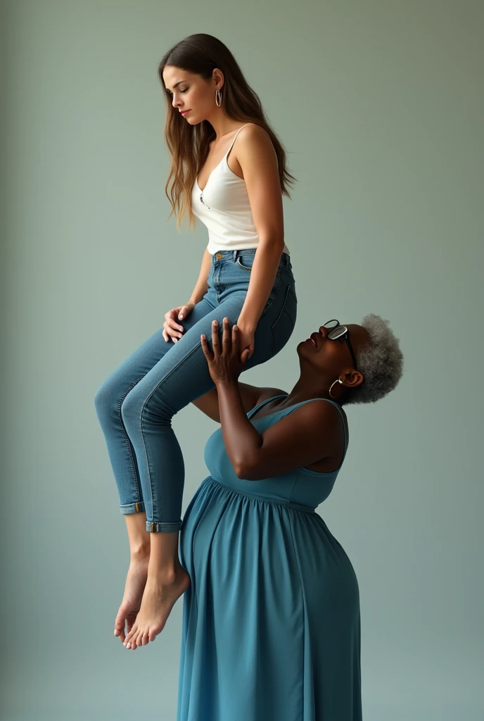 Create a photo of a 30 year old young woman, with a slender and beautiful body, wearing a black low-cut tank top and jeans, with white and clear skin, with long light brown hair and has her back to the camera as she is lifted high on the shoulders of an obese black 90 year old lady, dark black skinned, who has short hair, who wears glasses and a blue dress