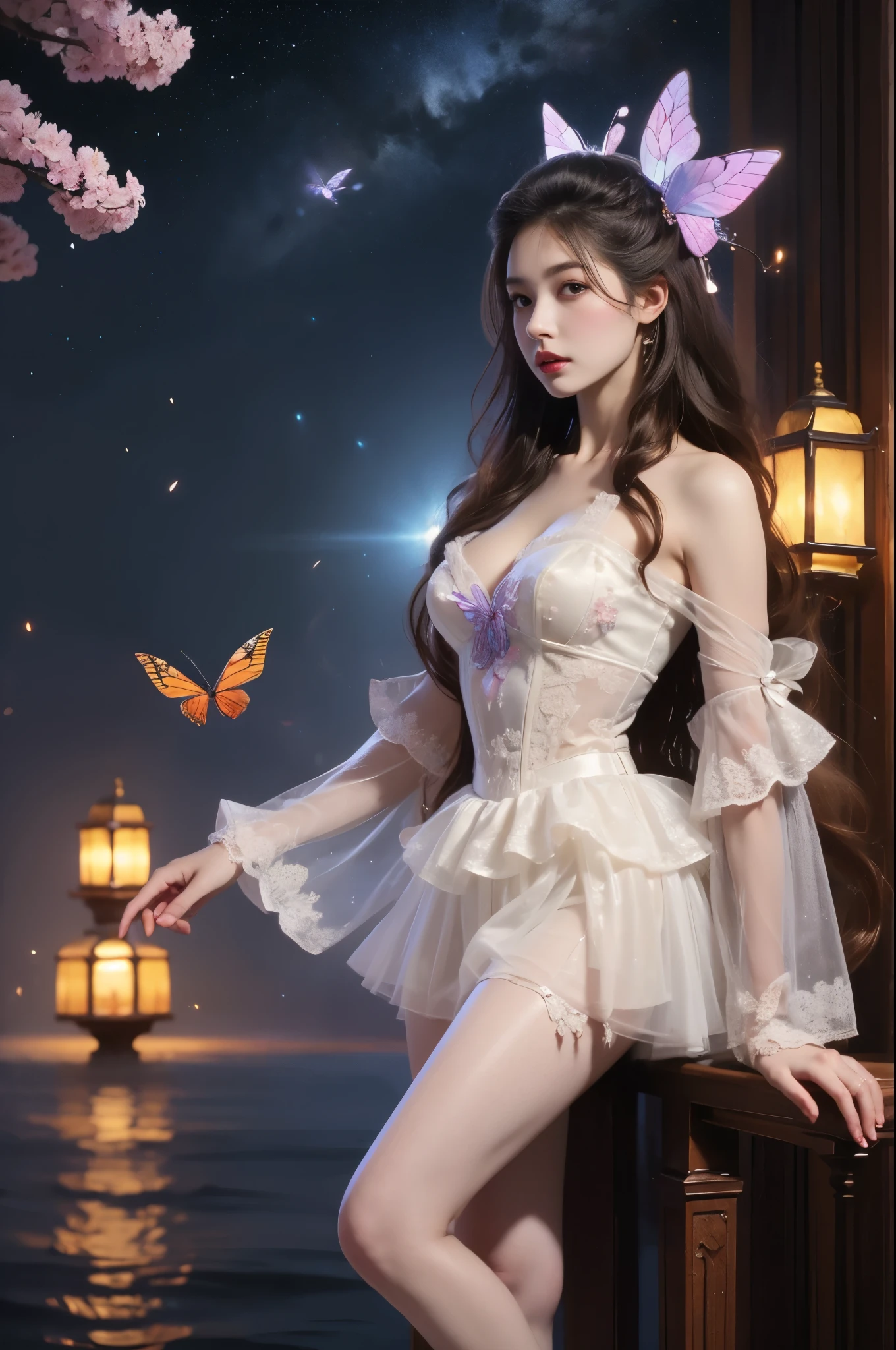 Beautiful dance pose, She gently lifted her skirt with one hand,头发周围有白色的Butterfly兰,Lilac dendrobium、White Lily, Long legs , Deep in Wonderland, ((Flowing long hair))Official Art , Unity8k Wallpaper , Extremely detailed , Visible cleavage, Pretty and beautiful , 性感Long legs, masterpiece , best quality ,Practical, Very detailed illustrations ,Extremely detailed , Intricate details , Extremely complex and detailed , Very detailed 8KCG wallpaper , Caustics .reflection , Ray Tracing , Devil theme ,nebula ,Dark aura, Network Effects , (1 girl)solitary , 小蓝Butterfly , (Blue plasma flame , (insect , Butterfly)) Pastel tones in Rococo style ,Light white and light dark red , Incredibly beautiful , Cherry blossoms , Surrealism ,painting , Ethereal , Mixing reality and fantasy elements ,Ray Tracing , Complex Mode , Exquisite lines , Perfect your hands, Starry Sky , Colorful , Star
