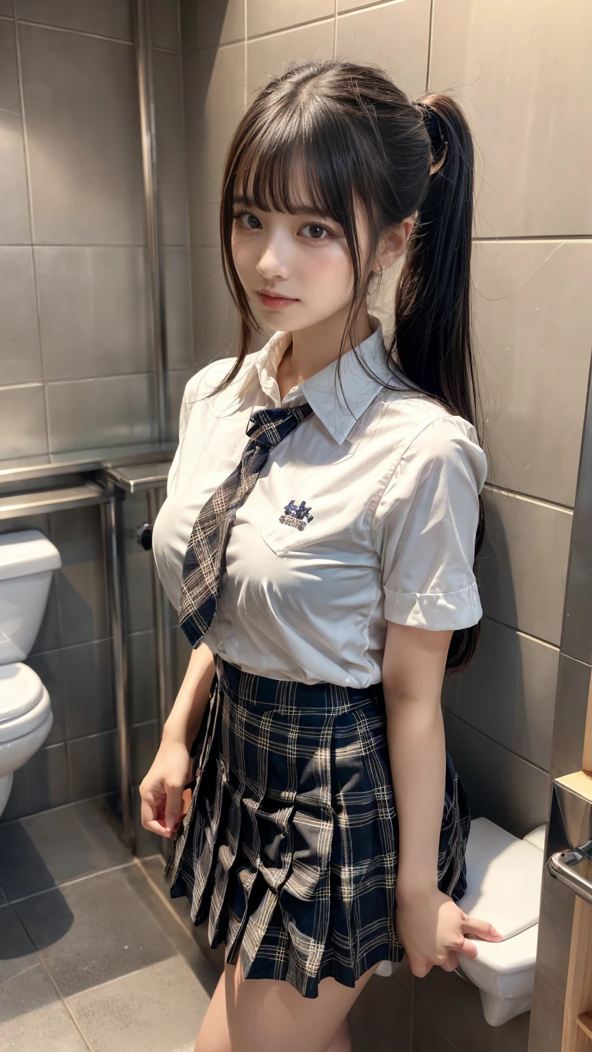 masterpiece, best quality, illustration, Super detailed, fine details, High resolution, 8K,wall paper, perfect dynamic composition,(Details High quality, realistic depiction of eyes:1.3), (Toilet cubicles:1.2), (urinal)、(white school shirt :1.2), (plaid skirt :1.3), large breasts, expresses the roundness and softness of your chest, Don't expose it、Disturbed uniform, ponytail, black hair color, Big Natural Color Lip, perfect body shape, crying a little、Harajuku style、20 year old girl、cute type, beautiful legs, Gravure Idol