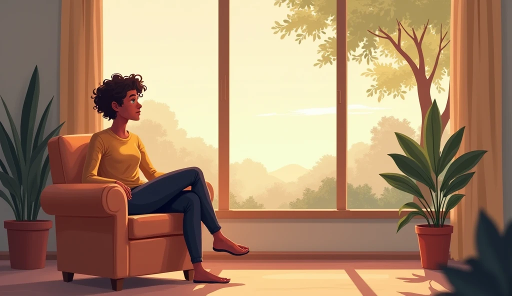 Background: A calm and serene setting, such as a quiet room with soft, warm lighting, a comfortable chair, and a window showing a gentle view of nature outside. The environment feels peaceful and inviting, suggesting a moment of reflection.
Style: Illustrative with warm, soothing colors and soft lighting, creating a contrast to the earlier scenes of hustle and chaos. The atmosphere conveys calmness and the importance of self-care.
Characters:
Main Character: Sitting in the chair, looking out the window with a contemplative expression. They are dressed casually, appearing more relaxed and at ease. Their posture is open, and their face shows a sense of peace as they take a moment to reflect on their needs