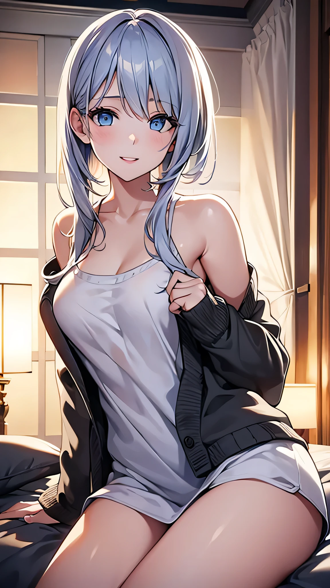 4K resolution,((Highest quality)),Ultra-high resolution,young woman, alone, sexy, (A seductive smile), (Light blue eyes), Beautiful and symmetrical face, (White messy medium length shoulder length hair),A white, transparent thigh-length camisole,Realistic:1.4,Realistic:1.4,(masterpiece:1.2),Perfect Eyes,Perfect Eyes,Perfect Legs,Bedroom at night,（Open your mouth:1.2）,Ample breasts,A loose cardigan