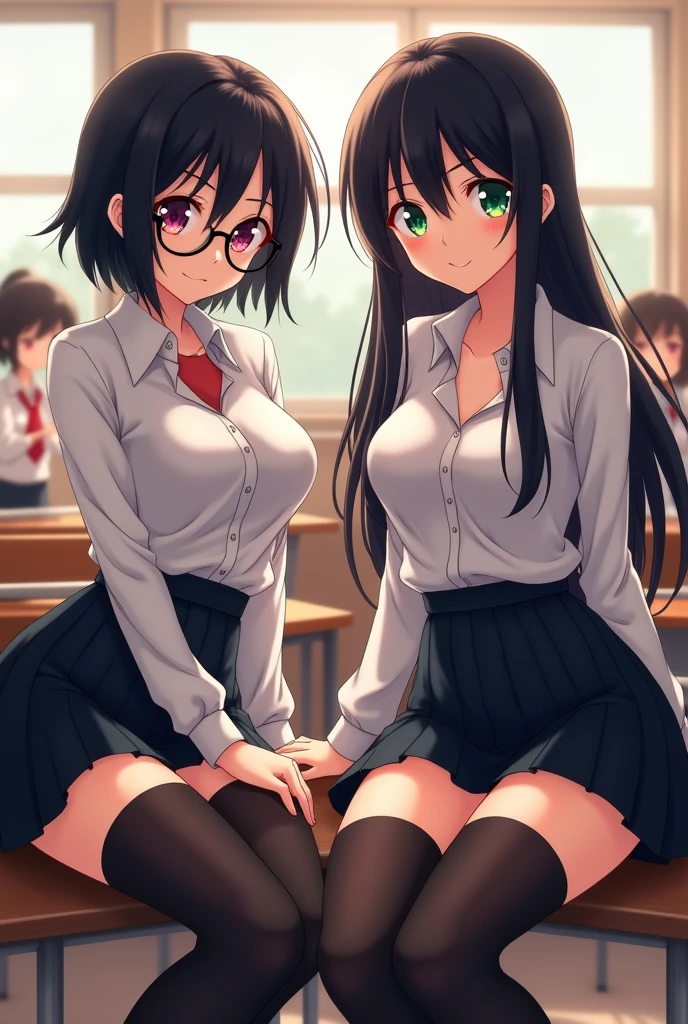 best quality, detailed), 2girl,, in classroom, sexy body, squinting, topaz, white shirt, black stockings, short black skirt, (horny face, ahegao face) glasses, Sitting in the desk,ANIME ART,Medium breasts ,Short haired,the one girl is long hair with seductive smile