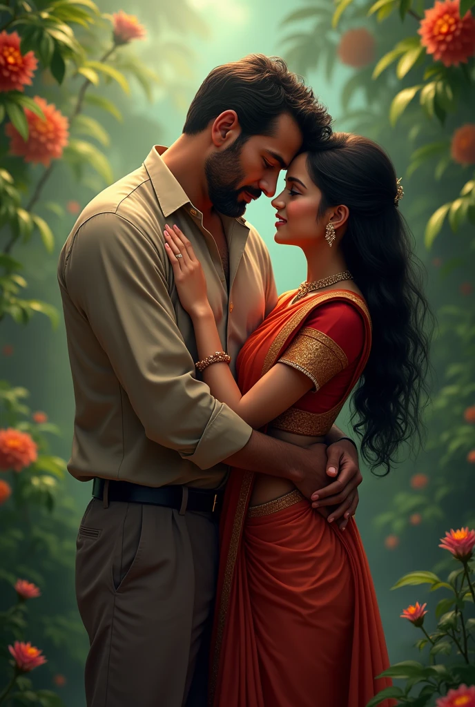 A middle aged man kissing a desi girl in half saree by grabbing from behind