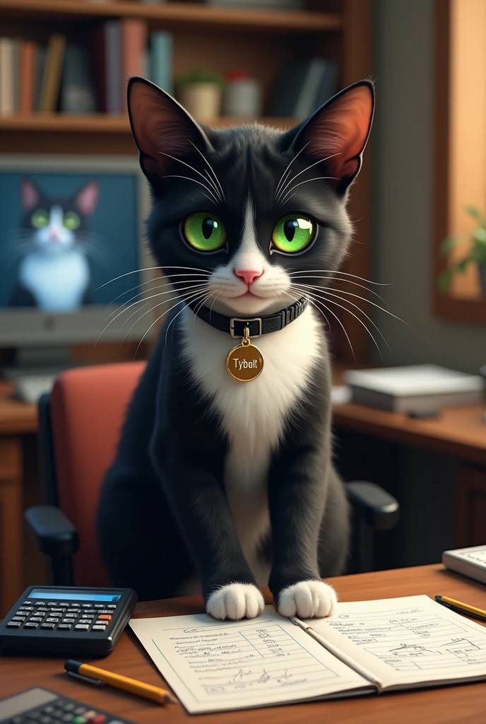 Un chat tuxedo aux yeux verts avec un collier où il est écrit Tybalt. En train de faire des calculs dans un bureau. En version réaliste.
