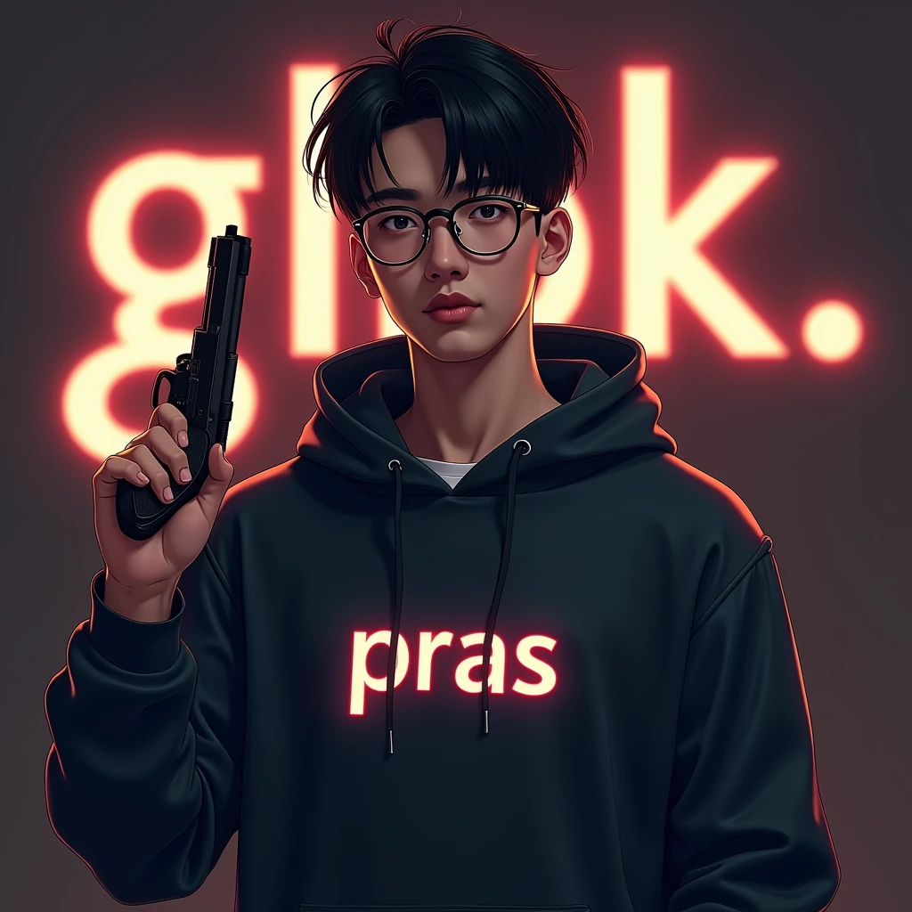 Create a character hoodie, {{background: text “GLBK”}},
realistic, HDR, use glasses, handsome korean style, full body, use pistol, age 20, hoodie HD text: “PRAS”